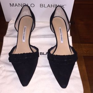 Manolo Blahnik black suede dorsay with ruffle
